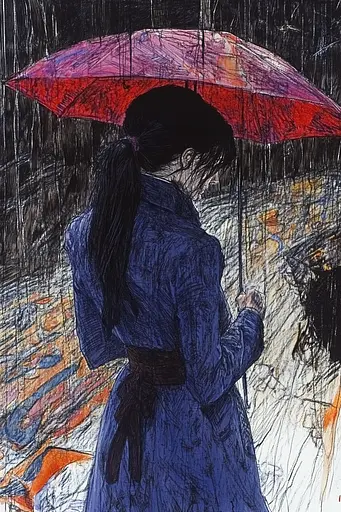 Midjourney generated image using SREF code Crimson Abyss: A drawing of a woman holding an umbrella in the rain.