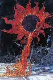 Midjourney generated image using SREF code Crimson Abyss: A painting of a burning sun on a black background.