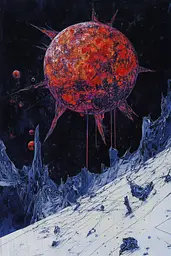 Midjourney generated image using SREF code Crimson Abyss: A painting of a red planet in the middle of a snowy landscape.