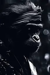 Midjourney generated image using SREF code Shadowed Whispers: A black and white photo of a gorilla wearing a bandana.