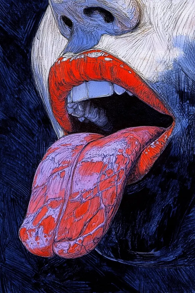 Midjourney generated image using SREF code Crimson Abyss: A drawing of a woman sticking out her tongue.