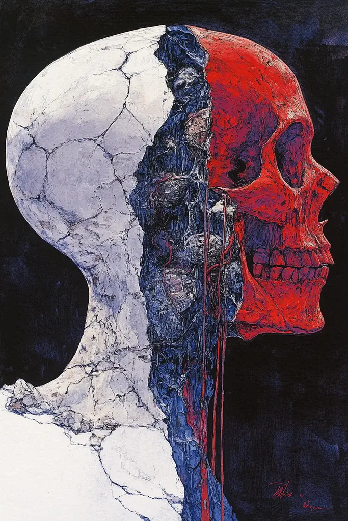 Midjourney generated image using SREF code Crimson Abyss: A painting of a human skull with blood dripping from it.