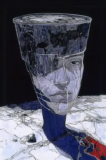 Midjourney generated image using SREF code Crimson Abyss: A drawing of a man's head with a broken glass on it.