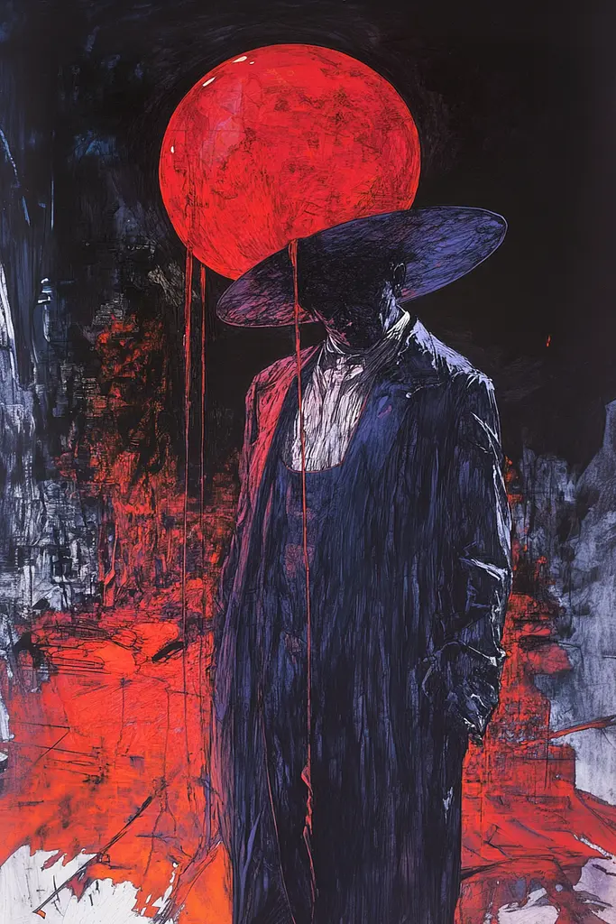 Midjourney generated image using SREF code Crimson Abyss: A painting of a man in a black coat and hat holding a red balloon.