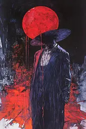 Midjourney generated image using SREF code Crimson Abyss: A painting of a man in a black coat and hat holding a red balloon.