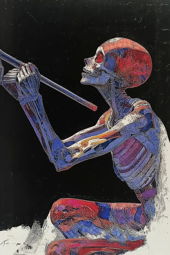 Midjourney generated image using SREF code Crimson Abyss: A drawing of a skeleton playing a flute.