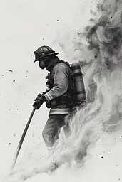 Midjourney generated image using SREF code Monochromatic Mindscape: A black and white drawing of a firefighter with a hose.