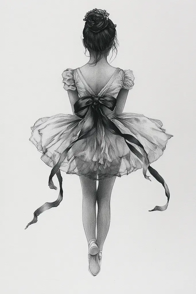 Midjourney generated image using SREF code Monochromatic Mindscape: A drawing of a little girl in a tutu.