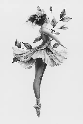 Midjourney generated image using SREF code Monochromatic Mindscape: A drawing of a ballerina with a flower in her hair.