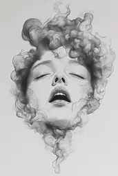 Midjourney generated image using SREF code Monochromatic Mindscape: A drawing of a woman's face with smoke coming out of her mouth.