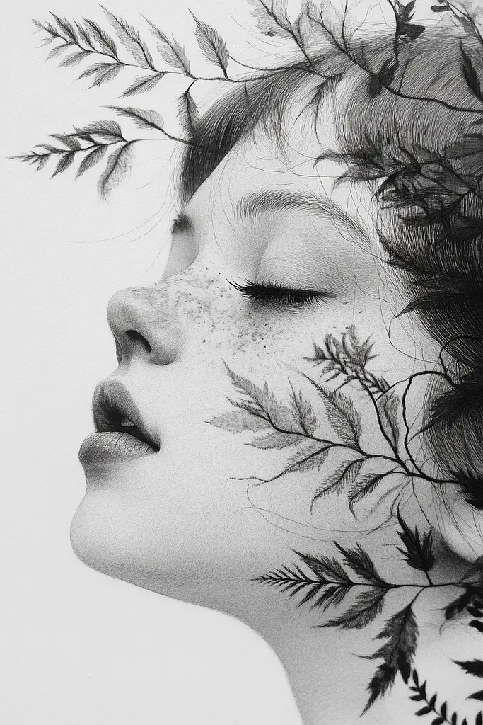 Midjourney generated image using SREF code Monochromatic Mindscape: A black and white photo of a woman with leaves on her face.