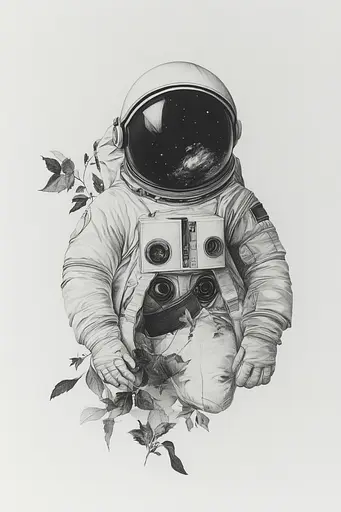 Midjourney generated image using SREF code Monochromatic Mindscape: A drawing of an astronaut holding a camera.