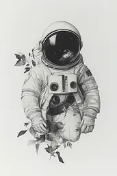 Midjourney generated image using SREF code Monochromatic Mindscape: A drawing of an astronaut holding a camera.