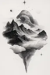 Midjourney generated image using SREF code Monochromatic Mindscape: A black and white drawing of a mountain in the sky.