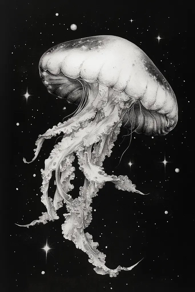 Midjourney generated image using SREF code Monochromatic Mindscape: A black and white drawing of a jellyfish floating in space.