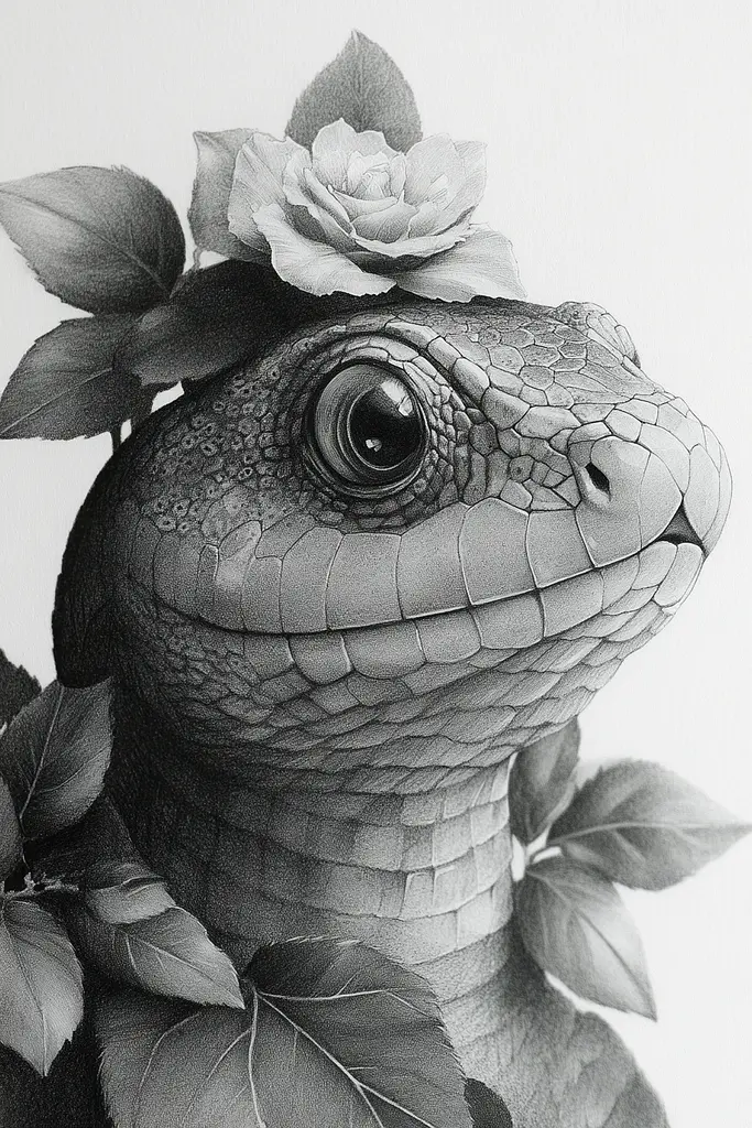 Midjourney generated image using SREF code Monochromatic Mindscape: A black and white drawing of a lizard with a flower on its head.