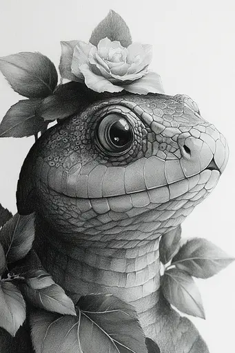 Midjourney generated image using SREF code Monochromatic Mindscape: A black and white drawing of a lizard with a flower on its head.