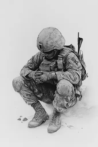 Midjourney generated image using SREF code Monochromatic Mindscape: A drawing of a soldier kneeling on the ground.