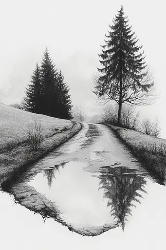 Midjourney generated image using SREF code Monochromatic Mindscape: A black and white drawing of a dirt road with trees reflected in the water.