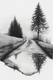 Midjourney generated image using SREF code Monochromatic Mindscape: A black and white drawing of a dirt road with trees reflected in the water.