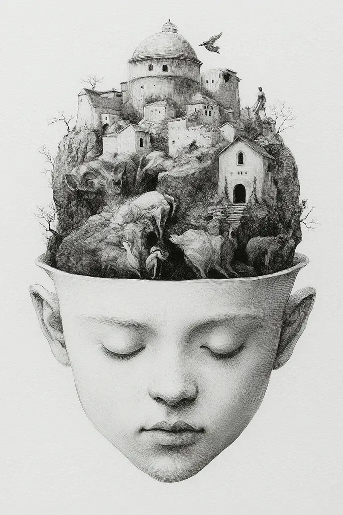 Midjourney generated image using SREF code Monochromatic Mindscape: A drawing of a child's head with a castle on top of it.