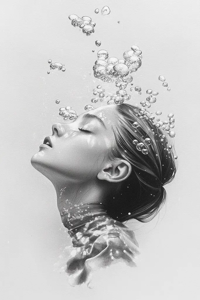 Midjourney generated image using SREF code Monochromatic Mindscape: A black and white photo of a woman with bubbles in her hair.