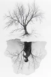 Midjourney generated image using SREF code Monochromatic Mindscape: A black and white drawing of a person standing in a puddle of water.