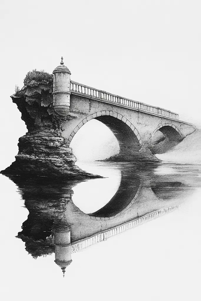 Midjourney generated image using SREF code Monochromatic Mindscape: A drawing of a bridge over a body of water.