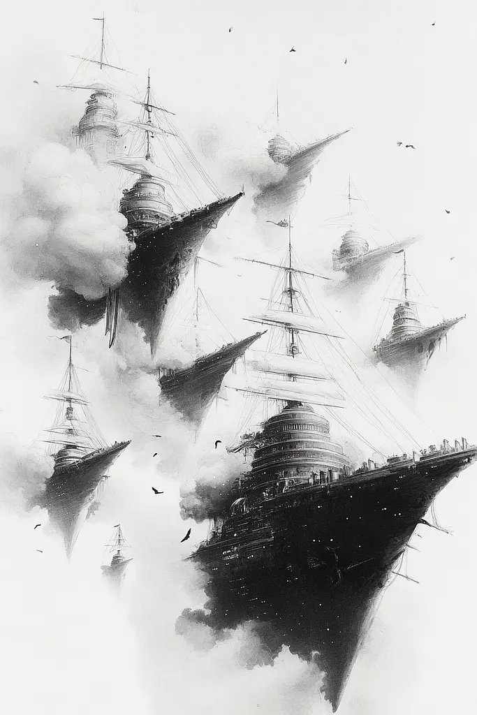 Midjourney generated image using SREF code Monochromatic Mindscape: A black and white drawing of a group of ships in the sky.