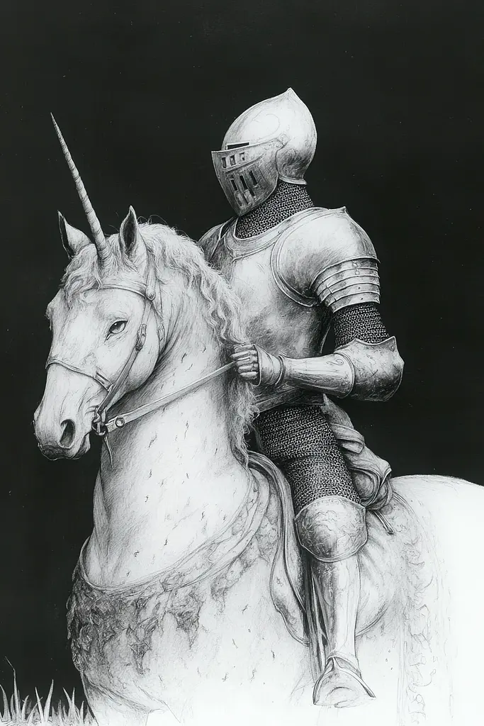 Midjourney generated image using SREF code Monochromatic Mindscape: A drawing of a knight riding a unicorn.