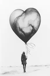 Midjourney generated image using SREF code Monochromatic Mindscape: A person holding a heart shaped balloon in the air.