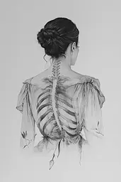 Midjourney generated image using SREF code Monochromatic Mindscape: A drawing of a woman with a skeleton on her back.