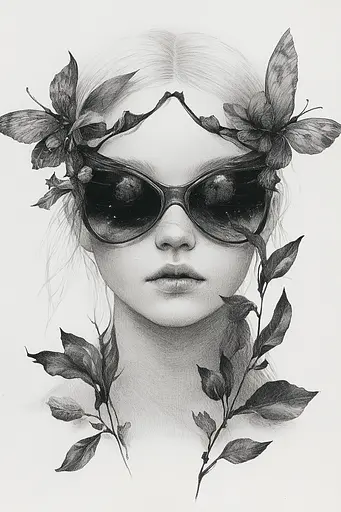 Midjourney generated image using SREF code Monochromatic Mindscape: A drawing of a girl wearing sunglasses with flowers in her hair.