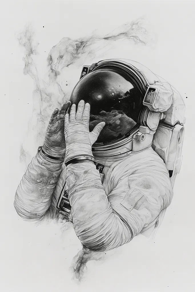 Midjourney generated image using SREF code Monochromatic Mindscape: A drawing of an astronaut holding his head in his hands.