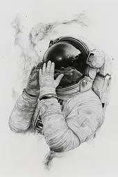 Midjourney generated image using SREF code Monochromatic Mindscape: A drawing of an astronaut holding his head in his hands.