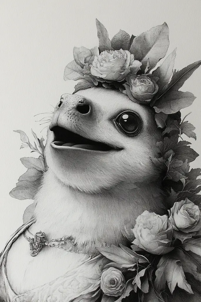 Midjourney generated image using SREF code Monochromatic Mindscape: A drawing of a sloth wearing a flower crown.