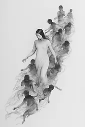 Midjourney generated image using SREF code Monochromatic Mindscape: A drawing of a woman surrounded by a group of people.