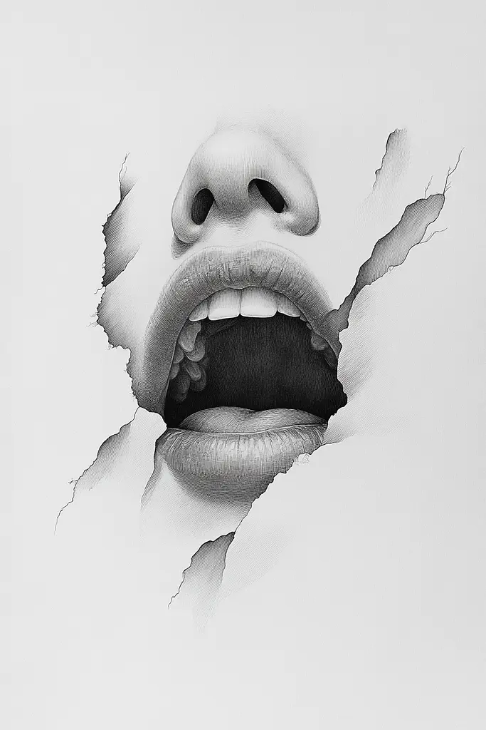 Midjourney generated image using SREF code Monochromatic Mindscape: A drawing of a woman's mouth through a hole in a wall.