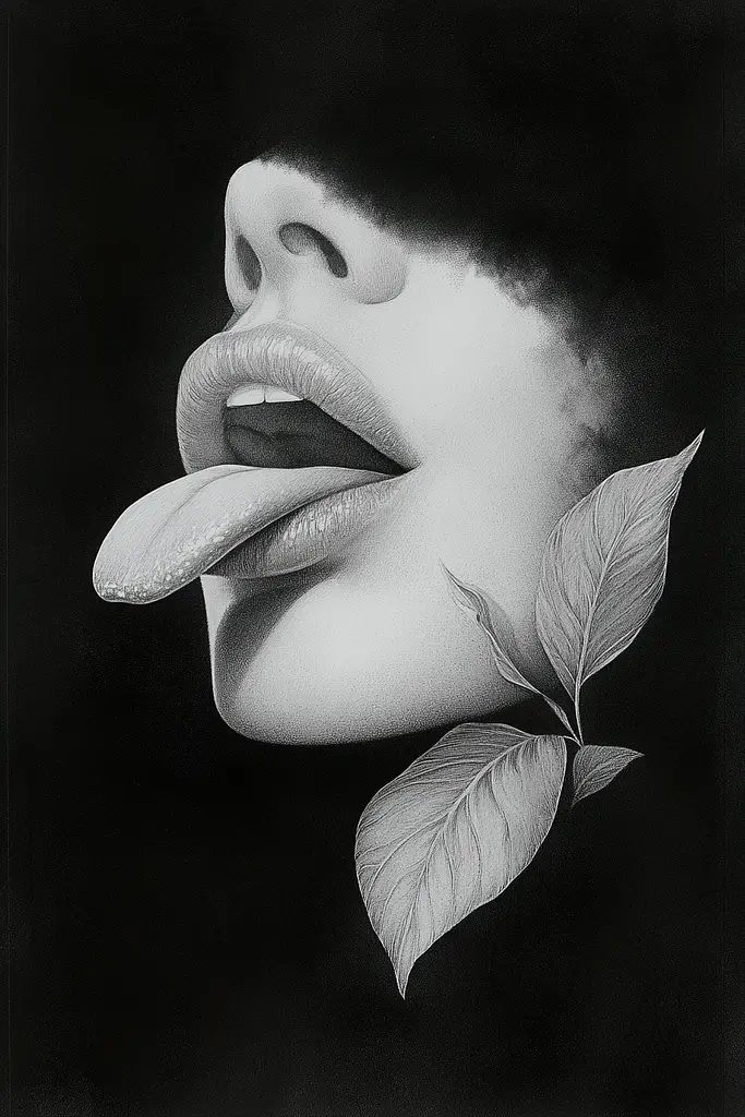 Midjourney generated image using SREF code Monochromatic Mindscape: A black and white drawing of a woman sticking out her tongue.