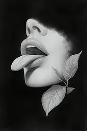 Midjourney generated image using SREF code Monochromatic Mindscape: A black and white drawing of a woman sticking out her tongue.