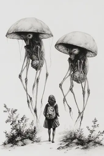 Midjourney generated image using SREF code Monochromatic Mindscape: A drawing of a person walking next to a giant mushroom.