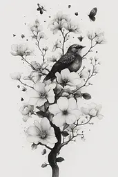 Midjourney generated image using SREF code Monochromatic Mindscape: A black and white drawing of a bird sitting on a tree branch.