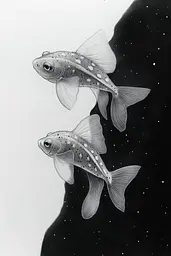 Midjourney generated image using SREF code Monochromatic Mindscape: A black and white drawing of two fish swimming in the water.