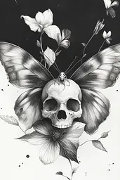 Midjourney generated image using SREF code Monochromatic Mindscape: A drawing of a skull and a butterfly on a flower.