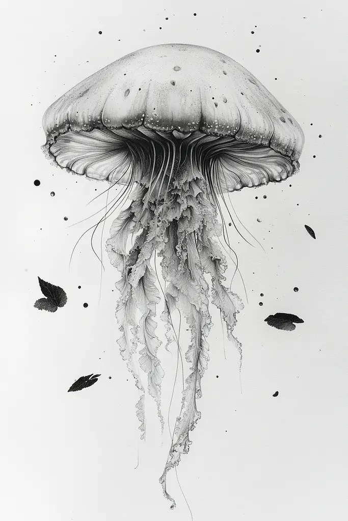 Midjourney generated image using SREF code Monochromatic Mindscape: A black and white drawing of a jellyfish.