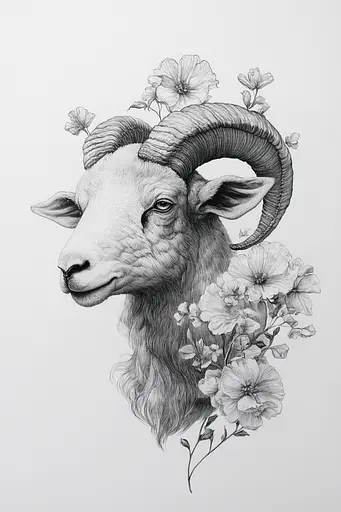 Midjourney generated image using SREF code Monochromatic Mindscape: A drawing of a ram with flowers on its head.