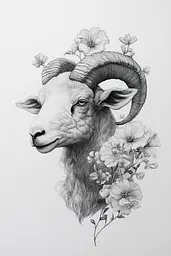 Midjourney generated image using SREF code Monochromatic Mindscape: A drawing of a ram with flowers on its head.