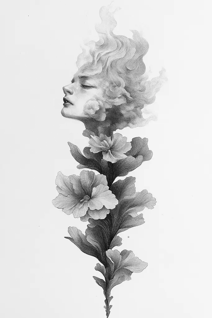 Midjourney generated image using SREF code Monochromatic Mindscape: A black and white drawing of a woman with flowers in her hair.