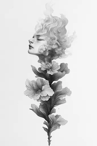 Midjourney generated image using SREF code Monochromatic Mindscape: A black and white drawing of a woman with flowers in her hair.