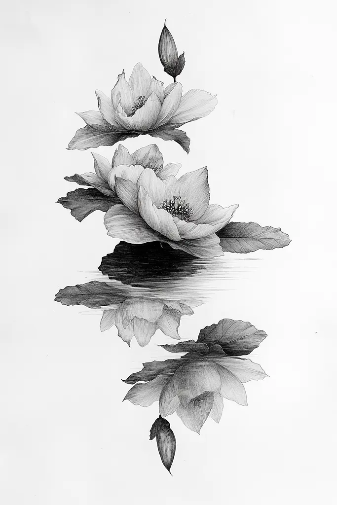 Midjourney generated image using SREF code Monochromatic Mindscape: A black and white drawing of three water lilies on a white background.